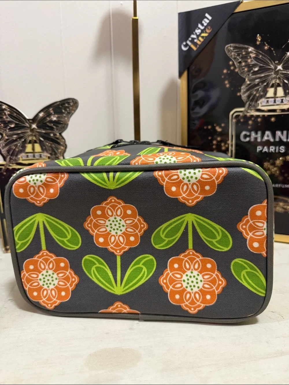 Petunia Pickle Bottom Gray Cosmetic Case with Orange Floral & Green Leaves
